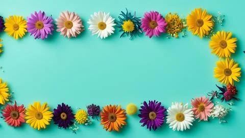 Landscape oriented blank frame encircled by a diverse mix of colorful flowers Stock Illustration