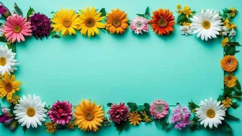 Landscape oriented blank frame encircled by a diverse mix of colorful flowers Stock Illustration