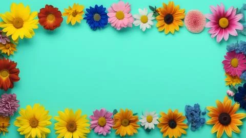 Landscape oriented blank frame encircled by a diverse mix of colorful flowers Stock Illustration