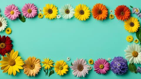 Landscape oriented blank frame encircled by a diverse mix of colorful flowers Stock Illustration