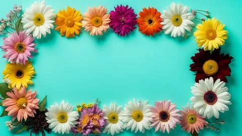 Landscape oriented blank frame encircled by a diverse mix of colorful flowers Stock Illustration