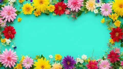 Landscape oriented blank frame encircled by a diverse mix of colorful flowers Stock Illustration