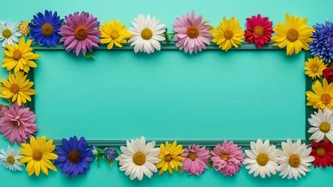 Landscape oriented blank frame encircled by a diverse mix of colorful flowers Stock Illustration
