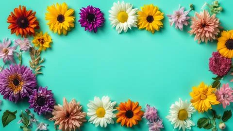 Landscape oriented blank frame encircled by a diverse mix of colorful flowers Stock Illustration