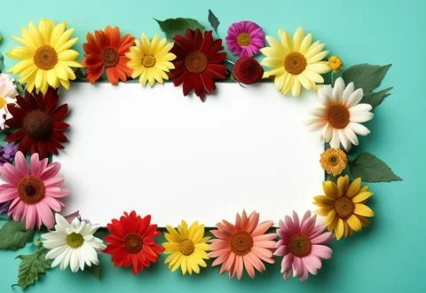 Landscape oriented blank frame encircled by a diverse mix of colorful flowers Stock Illustration