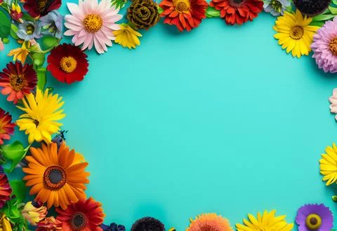 Landscape oriented blank frame encircled by a diverse mix of colorful flowers Stock Illustration