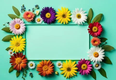 Landscape oriented blank frame encircled by a diverse mix of colorful flowers Stock Illustration