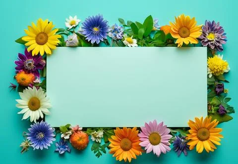 Landscape oriented blank frame encircled by a diverse mix of colorful flowers Stock Illustration