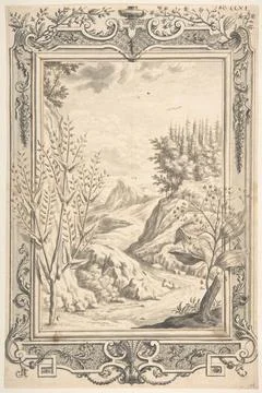 Landscape with Ornamental Frame ca. 1730 Johann Melchior Fssli Swiss. Lands.. Stock Illustration