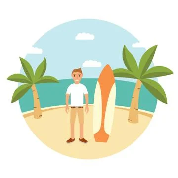 Landscape With Palm Tree Flat Vector Illustration guy and surfboard. Stock Illustration