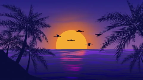 Landscape with palm trees and flying birds at sunset on a seamless loop Stock Footage 232074575