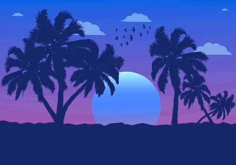 Landscape of palm trees at sunset Stock Illustration