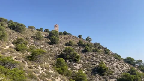 Landscape panning from Torre Aguilo to Benidorm beach, skyscraper and Finestrat Stock Footage 248775200