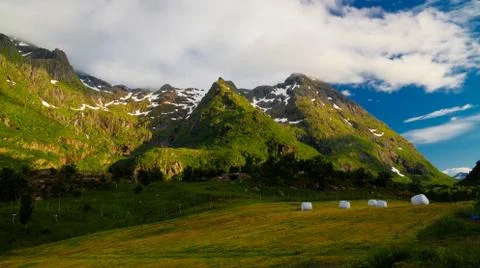 Landscape panoramic view to Eidevatnet lake , Austvagoy, Lofoten, Norway Stock Photos
