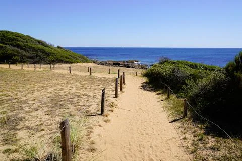 Landscape pathway access Atlantic beach in sand dunes in Talmont-Saint-Hilair Stock Photos