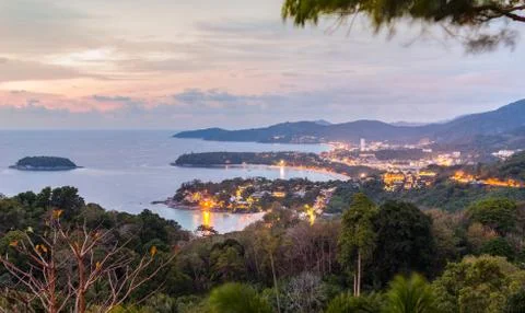 Landscape of Phuket View Point, Karon Beach and  Kata Beach in night Stock Photos