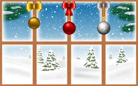 Landscape of pine forest at windows in snow day Stock Illustration