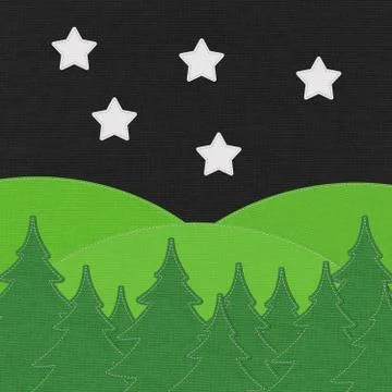 Landscape with pine forests in the mountains with stitch style on fabric back Stock Illustration