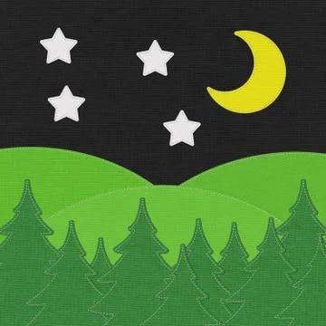 Landscape with pine forests in the mountains with stitch style on fabric back Stock Illustration