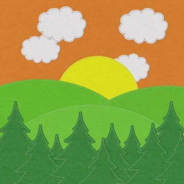 Landscape with pine forests in the mountains with stitch style on fabric back Stock Illustration