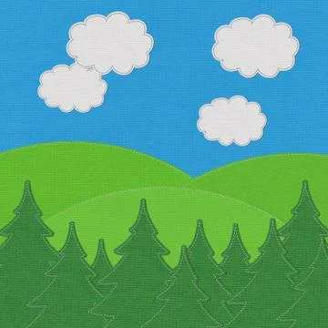 Landscape with pine forests in the mountains with stitch style on fabric back Stock Illustration