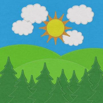 Landscape with pine forests in the mountains with stitch style on fabric back Stock Illustration