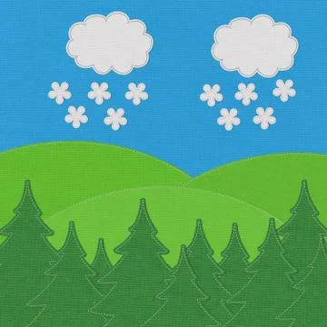Landscape with pine forests in the mountains with stitch style on fabric back Stock Illustration