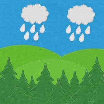 Landscape with pine forests in the mountains with stitch style on fabric back Stock Illustration