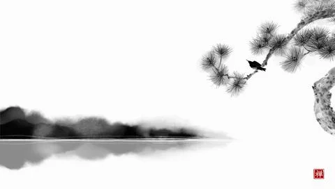 Landscape with pine tree and misty island. Traditional oriental ink painting Stock Illustration
