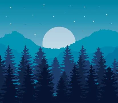 Landscape of pine trees and moon on blue background vector design 스톡 일러스트