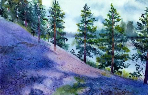 Landscape with pine trees and rocks Stock Illustration