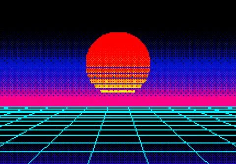 Landscape with pixel sun and wireframe grid of 80s styled retro computer ga.. Illustrazione stock