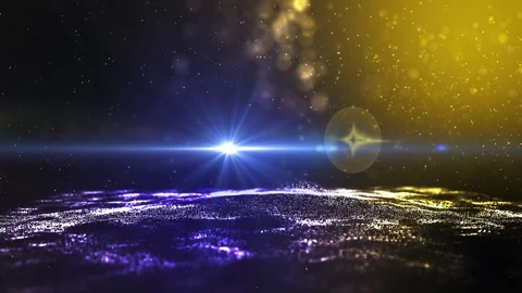 Landscape of the planet from deep space. Made from magical  glowing particles. Видео 276610434