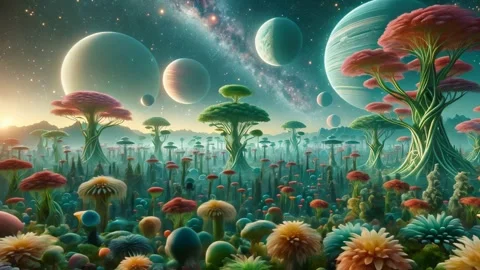 A landscape of plants on an alien planet. Interstellar space Stock Footage 256043079