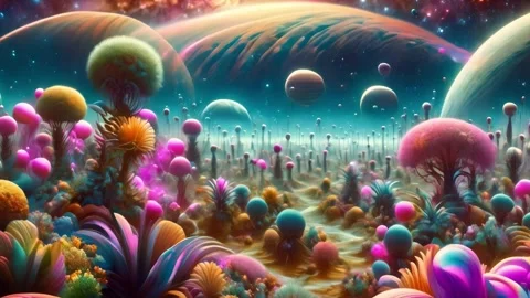 A landscape of plants on an alien planet. Interstellar space Stock Footage 256043088