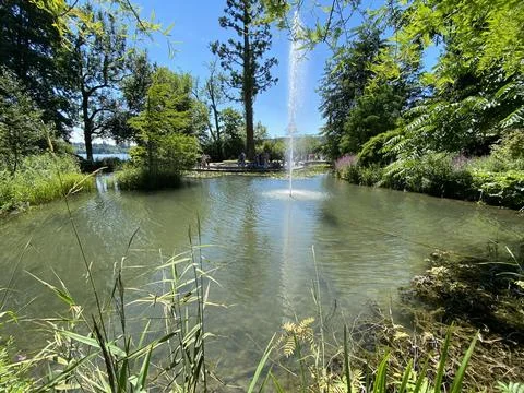 Landscape of the Pond and lawn for sunbathing or Teich mit Liegewiese Stock Photos