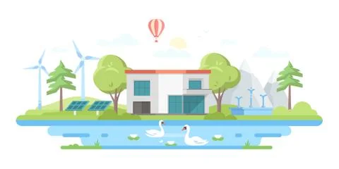 Landscape with a pond - modern flat design style vector illustration Stock Illustration