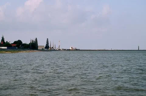 Landscape postcard. background. shipyard. blank for designer, illustrator, pa Stock Photos