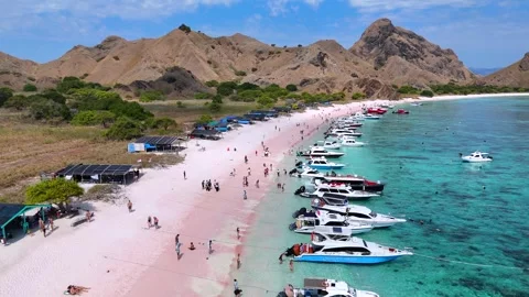 Landscape of Pristine Pink Beach and Blue Ocean with Speedboat in Labuan Bajo Stock Footage 341174713