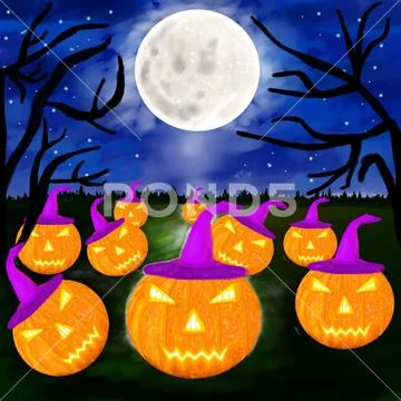 Landscape with pumpkins and night nature for Halloween PSD Template