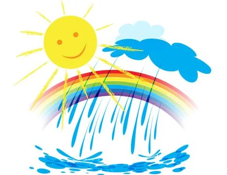 Landscape with rainbow in the sky, the sun is shining and it rains Stock Illustration