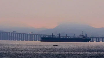 Landscape of a really big ship and a small one Stock Footage 86119050