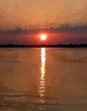 Landscape red sunset sun reflected in the river Stock Illustration