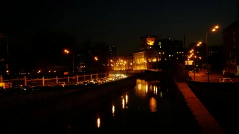 Landscape reflection of lights in the water, beautiful and bright, night city Stock Footage 270404504