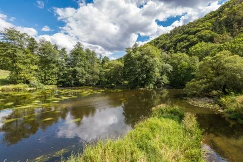 Landscape with reflection of water, clouds, forest, trees Stock-Fotos
