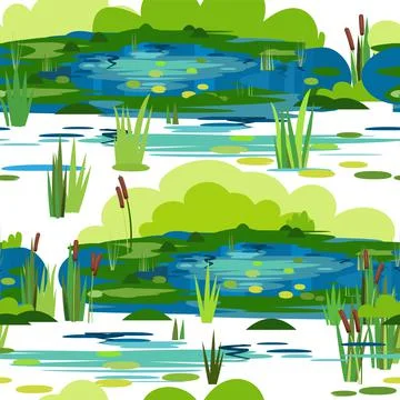 Landscape with a reservoir. Seamless pattern. Plants, grass, reeds and cattai Stock Illustration
