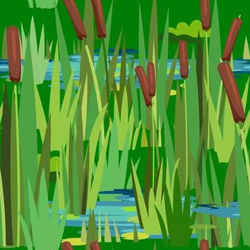 Landscape with a reservoir. Seamless pattern. Plants, grass, reeds and cattai Stock Illustration