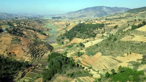 Landscape with rice fields in central Madagascar, Aerial view , 4K footage Stock Footage 231251878