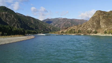Landscape of a river among mountain cliffs in Altai area in autumn Stock Footage 194379226
