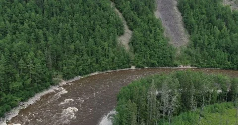Landscape with a river. Fast mountain river Neman . view from above Stock Footage 233096957